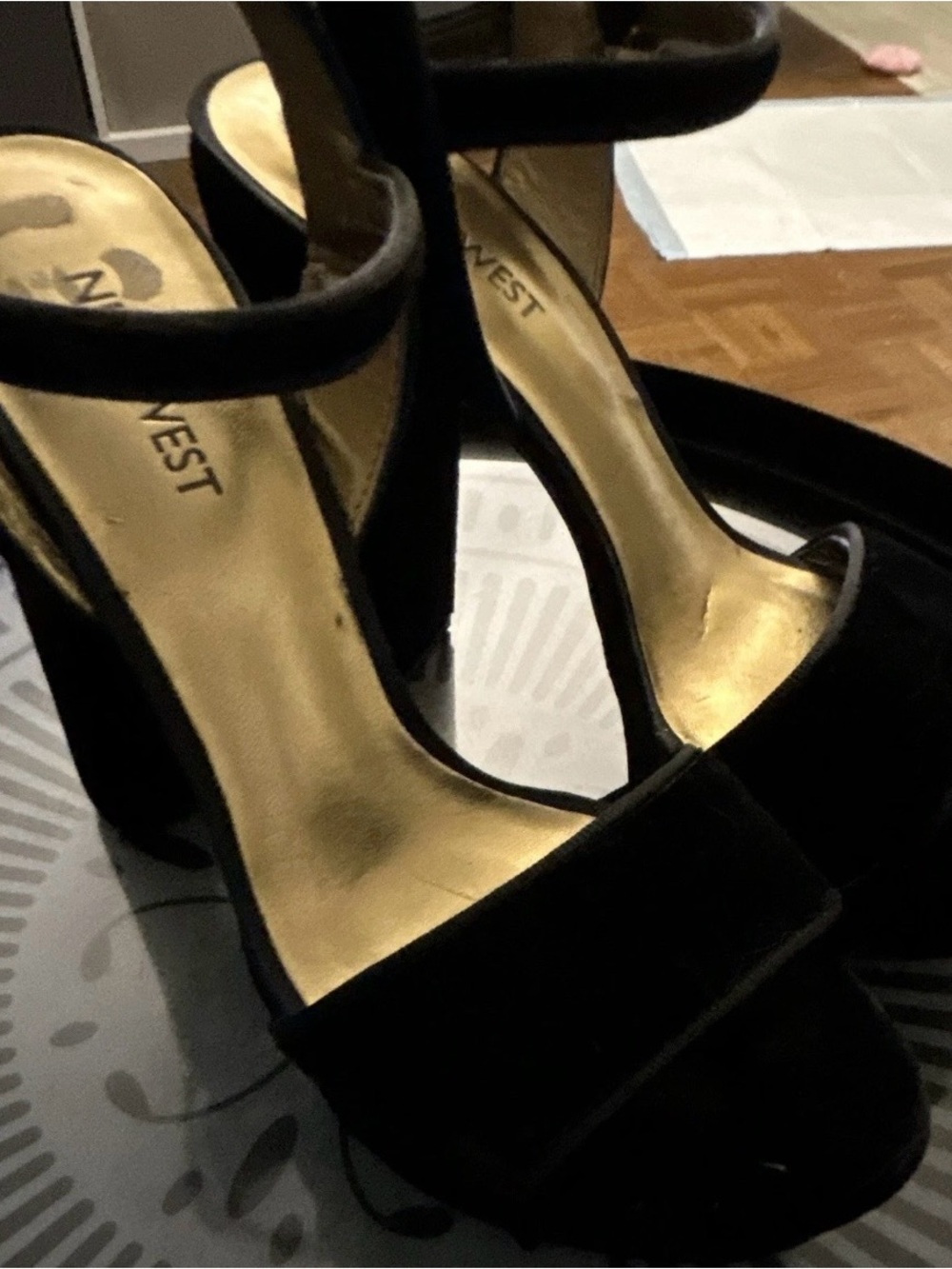 Nine West Black Suede Open-Toe Ankle Strap Block Heels